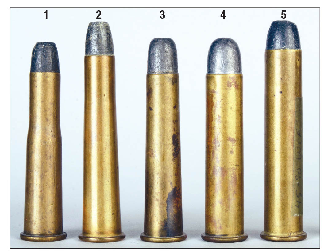 These original factory loads from Mike’s modest collection include five of the most popular in original Winchester Model 1886s: (1) .38-56, (2) .40-82, (3) .40-65, (4) .45-70 and (5) .45-90.